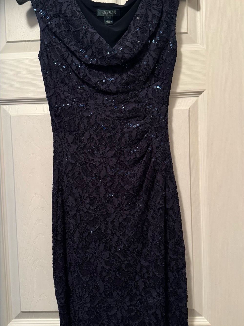 Lauren Ralph Lauren Navy Lace Sequin Cowl Midi Dress